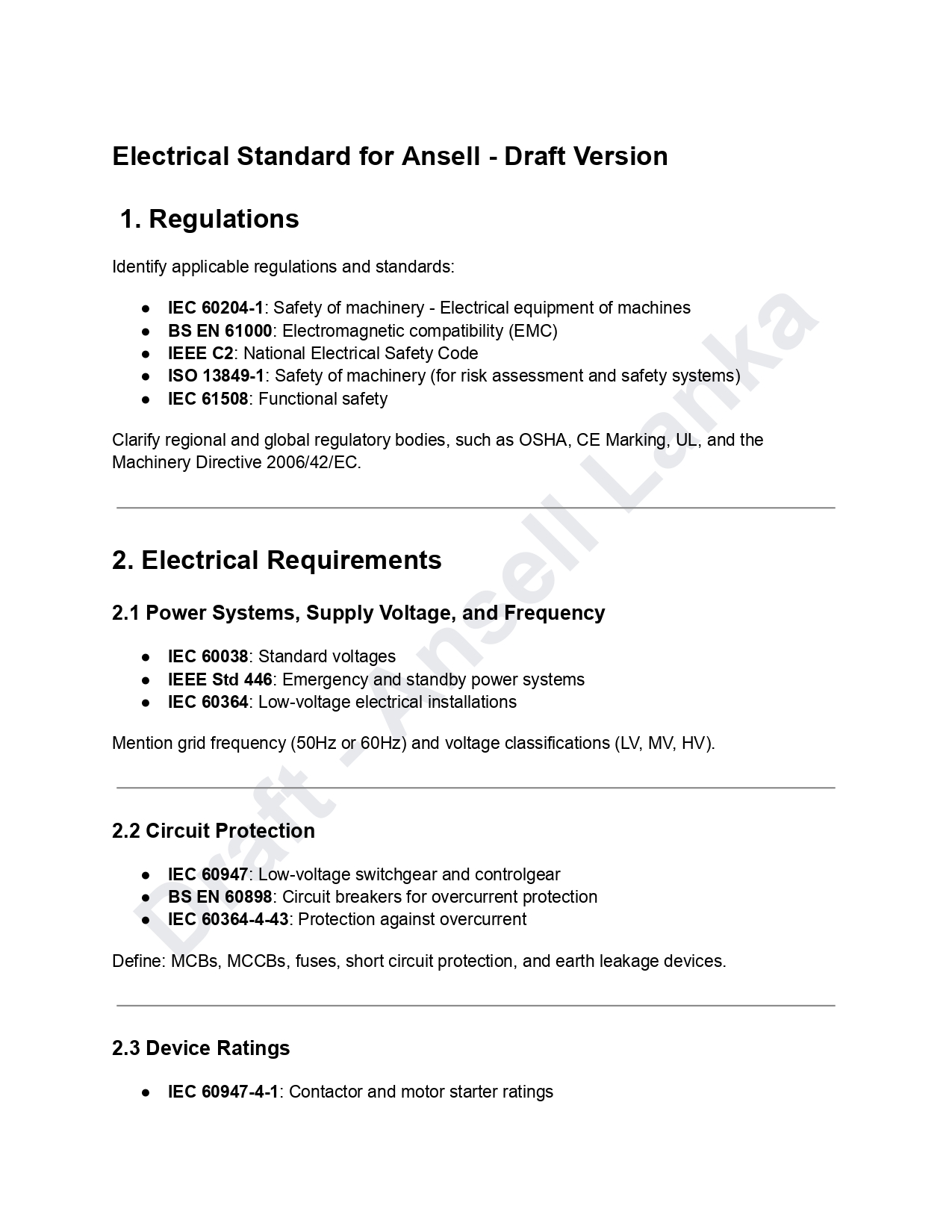 Electrical Standard for Ansell Lanka - Image 1